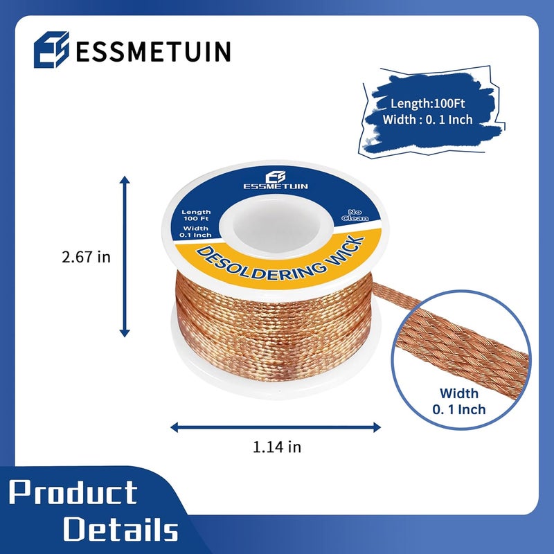 Essmetuin Essmtuin Solder Wick Braid 100Ft with Flux for Electronic, Desoldering Wick Braid Remover Solder, No-Clean Soldering Wick Used to Disassemble Electrical Components (WID 0.1in (2.5mm) - Image 2